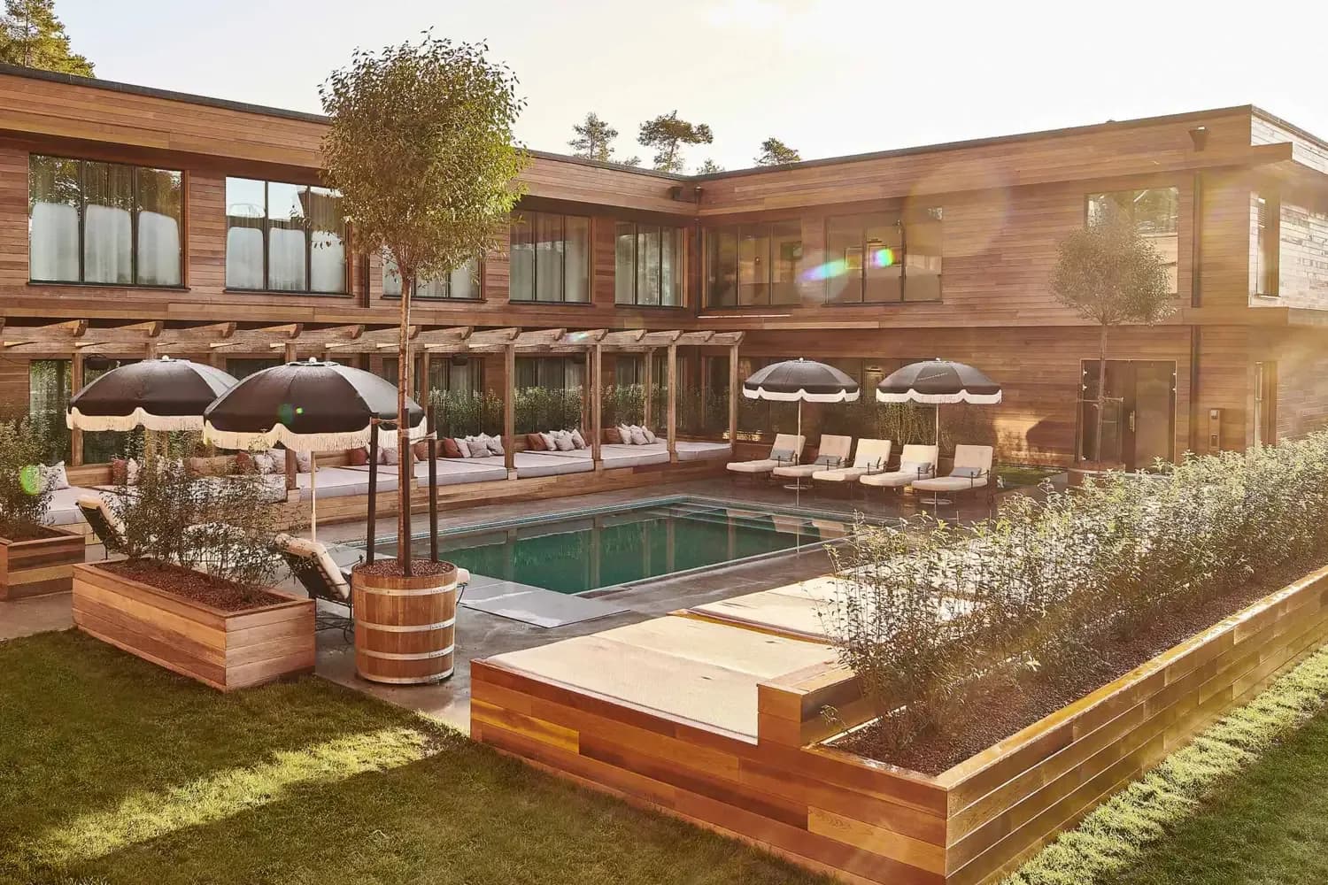 A modern house with wooden exterior and a rectangular pool in the garden. The area features sun loungers with umbrellas and planted trees in garden planters.