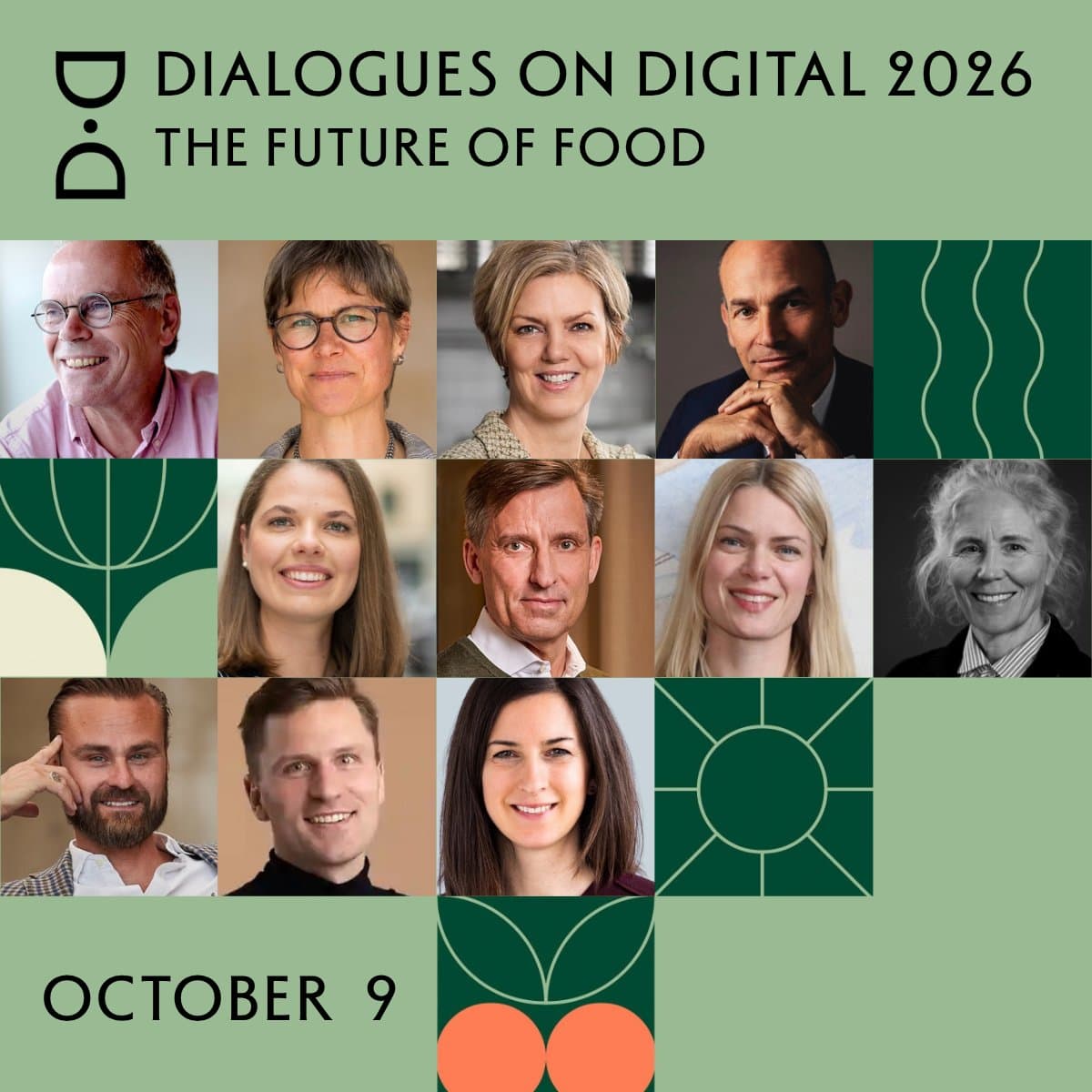 The poster advertises the event 'Dialogues on Digital 2026 – The Future of Food' on October 9th. It shows portraits of twelve people and a graphic symbol with leaves and digital elements.
