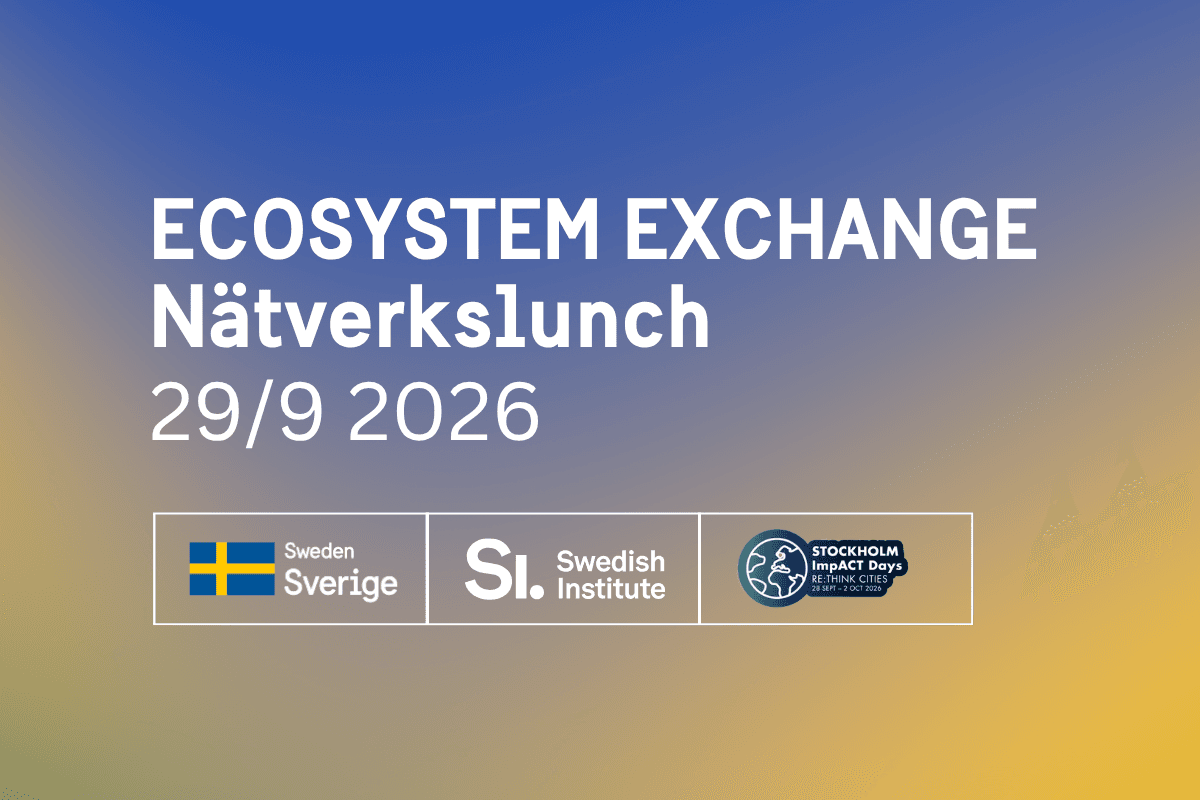 Promotional graphic with a blue-and-yellow gradient for the ECOSYSTEM EXCHANGE Networking Lunch on 29 September 2026, featuring the logos of Sweden/Swedish Institute and Stockholm Impact Days (29 Sept–2 Oct 2026).